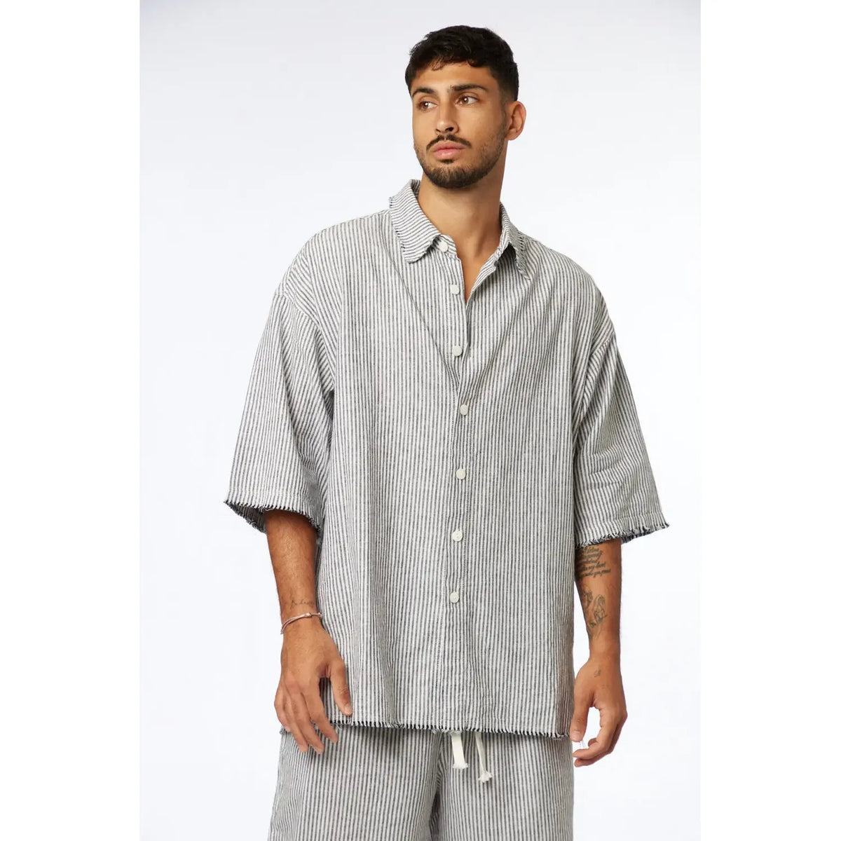 Striped Linen Short Sleeve Button-Up Shirt in black with matching shorts