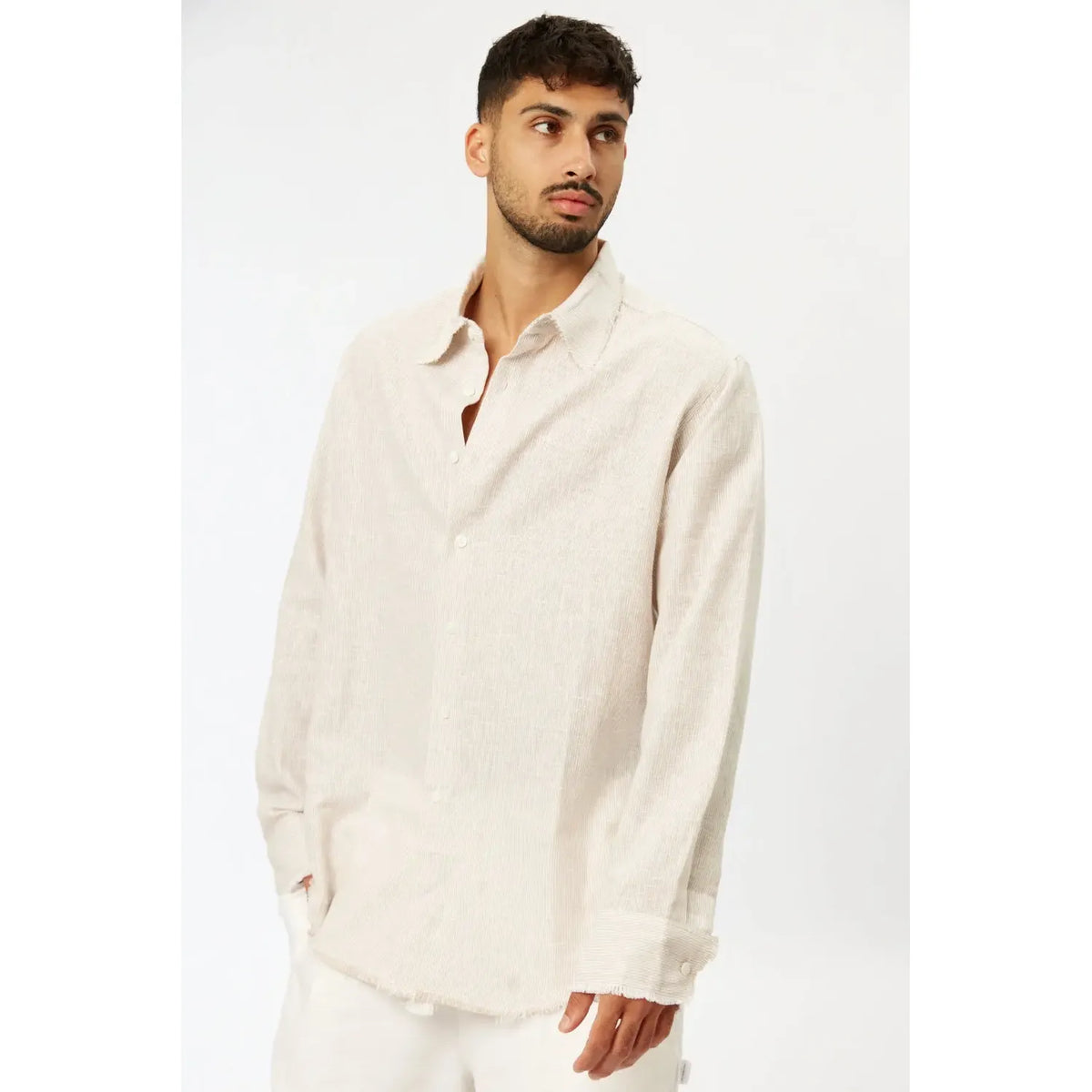 Striped PURE Long Sleeve Linen Button-Up Shirt in Stone