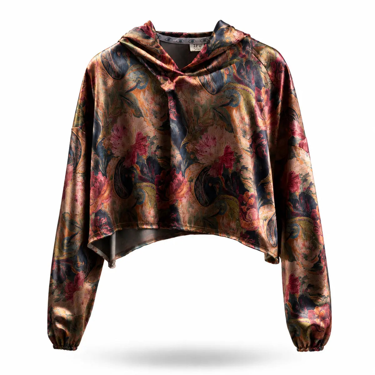 Midnight Bloom Satin Crop Hoodie with a floral pattern in shades of red, pink, orange, and green on a dark background