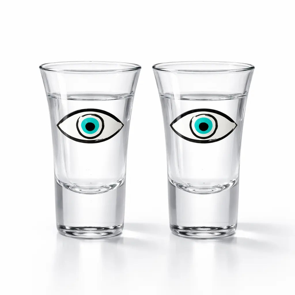 Set of Signature Eye Shot Glasses with a blue and black eye design