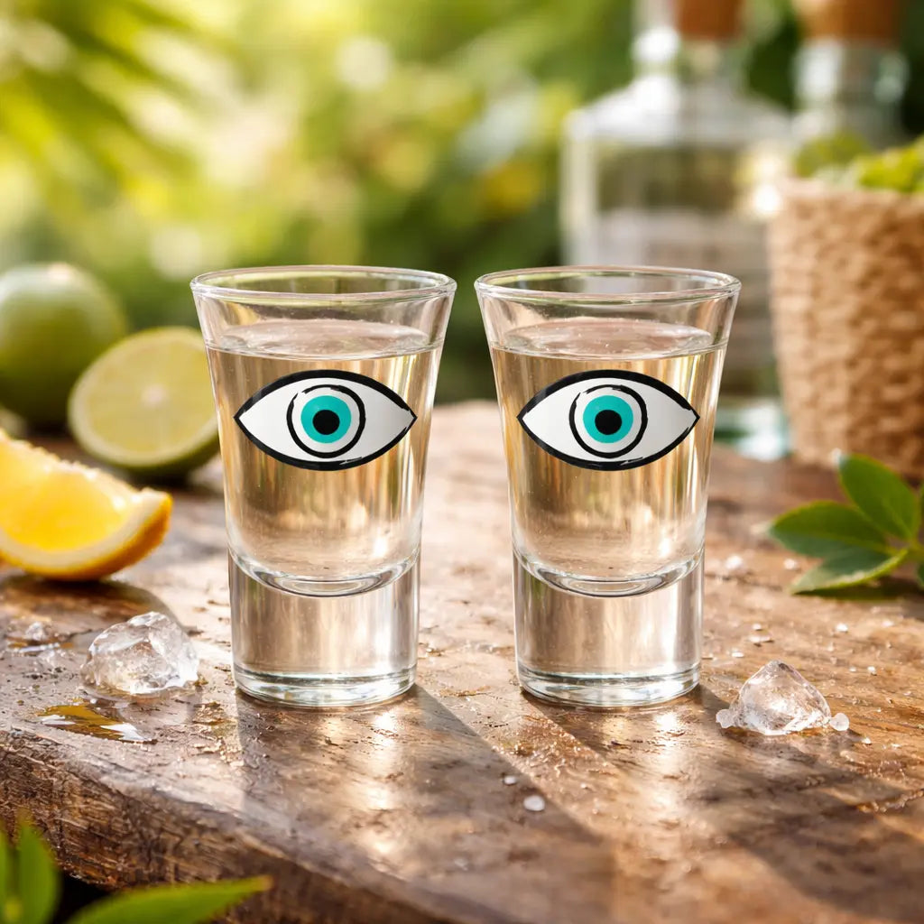Set of Signature Eye Shot Glasses filled with clear liquid, with lime and lemon slices and ice on a wooden surface