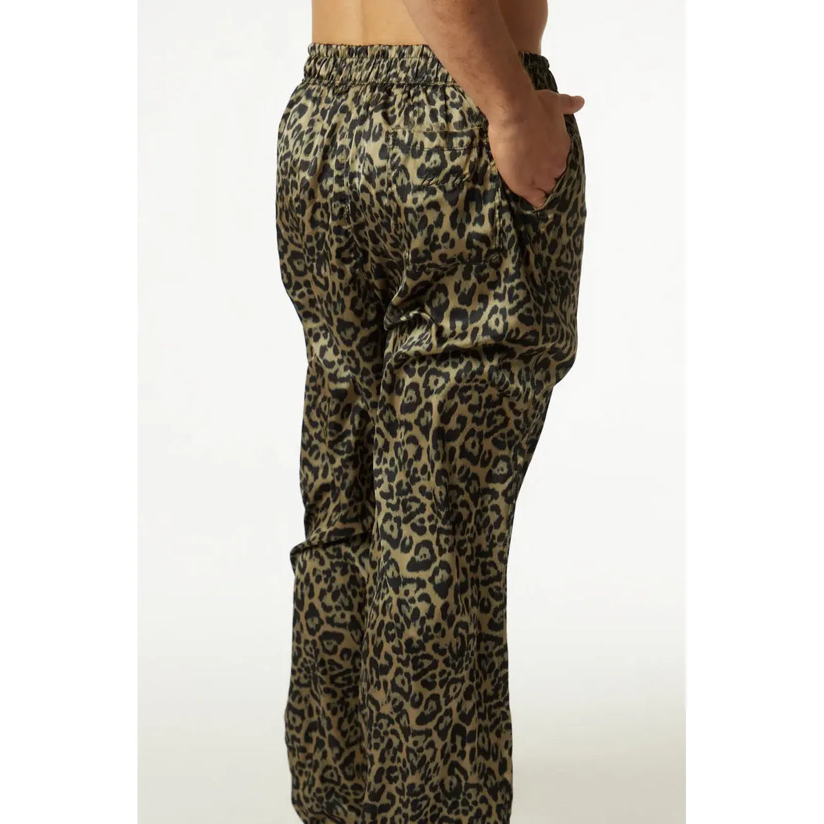 Pure Satin Sand Leopard Pants, close up of the leopard print fabric and elasticated waistband