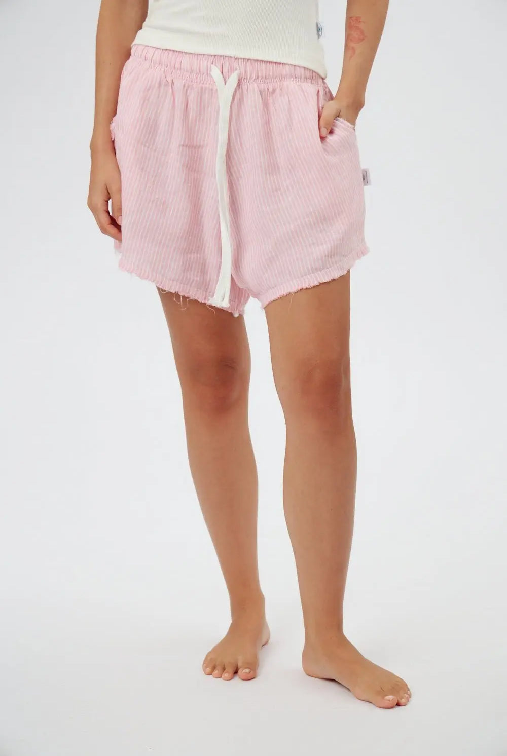 Pure Linen Women's Shorts in pink and white stripes with a white drawstring