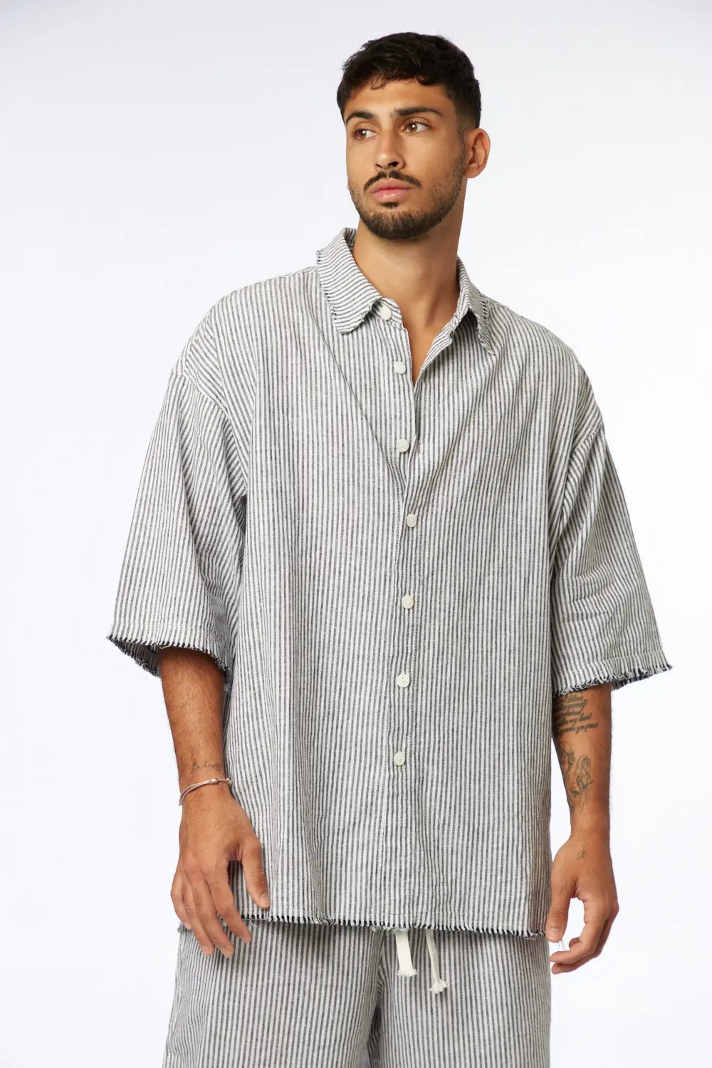 Striped Linen Short Sleeve Button-Up Shirt in black with matching shorts