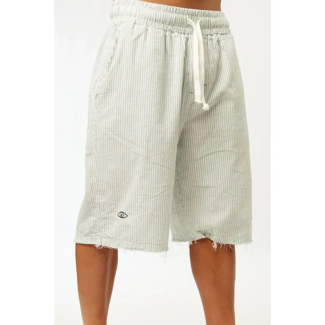 Striped Bermuda Shorts in green with a drawstring waist and frayed hem, featuring an eye logo on the left leg