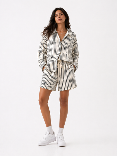 Woman Soft linen Button up  - Black Stripes