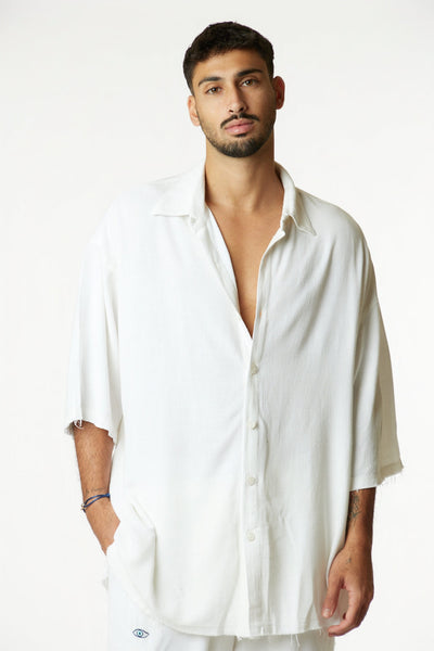 SOFT Short Sleeve Linen Button-Up Shirt - Cream white