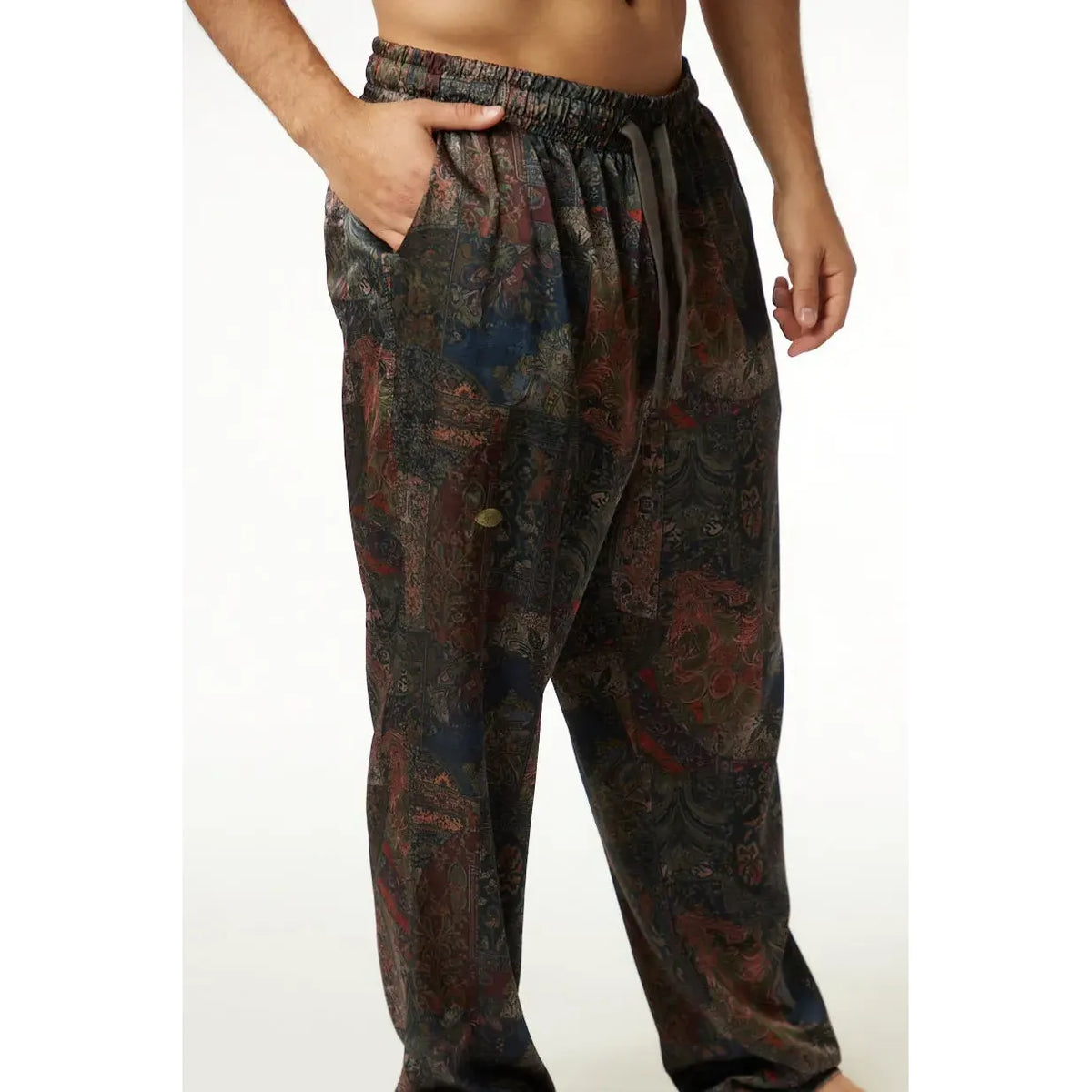 Pure Satin Noir Pants with a dark paisley pattern, elastic waist, and drawstring