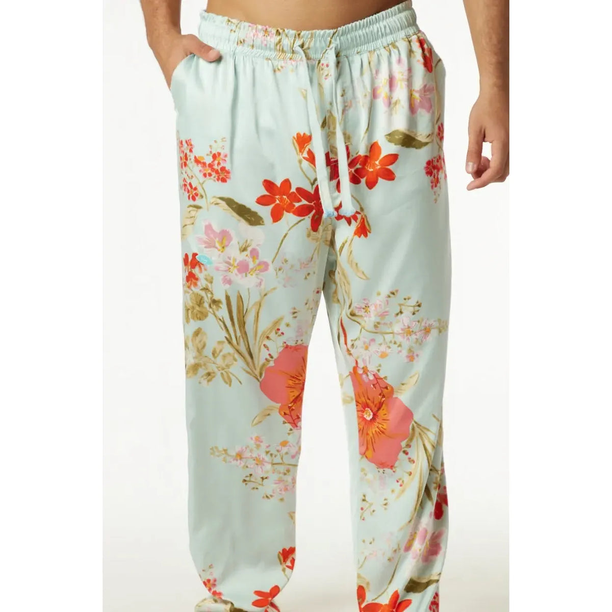 Pure Satin Floral Pants in light blue with red and pink flowers