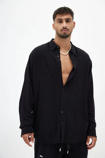 Soft Linen Long Sleeve Button-Up Shirt — Black TFU-TFU shop